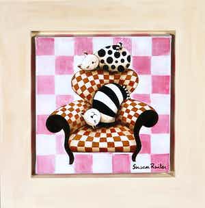 Susan Ruiter - Acrylverf op doek, Z.T. (Twee poezen op een fauteuil) - Ingelijst verkocht voor € 1!