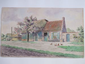 Antonius Hubertus Nordberg - Boerenerf met kippen en hooiberg - Aquarel kopen? Bied vanaf 30!
