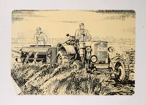 Len Ong - Zeefdruk op papier op paneel, Oogsttijd in het nieuwe land Noord-Oostpolder kopen? Bied vanaf 1!