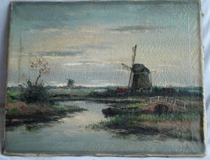 Clemens Wolters - Olieverf op doek, Molens in een Hollands landschap – ca 1915 kopen? Bied vanaf 35!