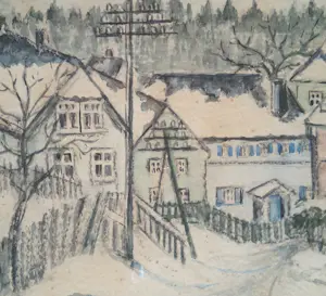 Ernst Kiefer - 1930s AQUAREL SCHILDERIJ 1898-1967 ONDERGESNEEUWD DORP GESIGNEERD INGELIJST kopen? Bied vanaf 45!