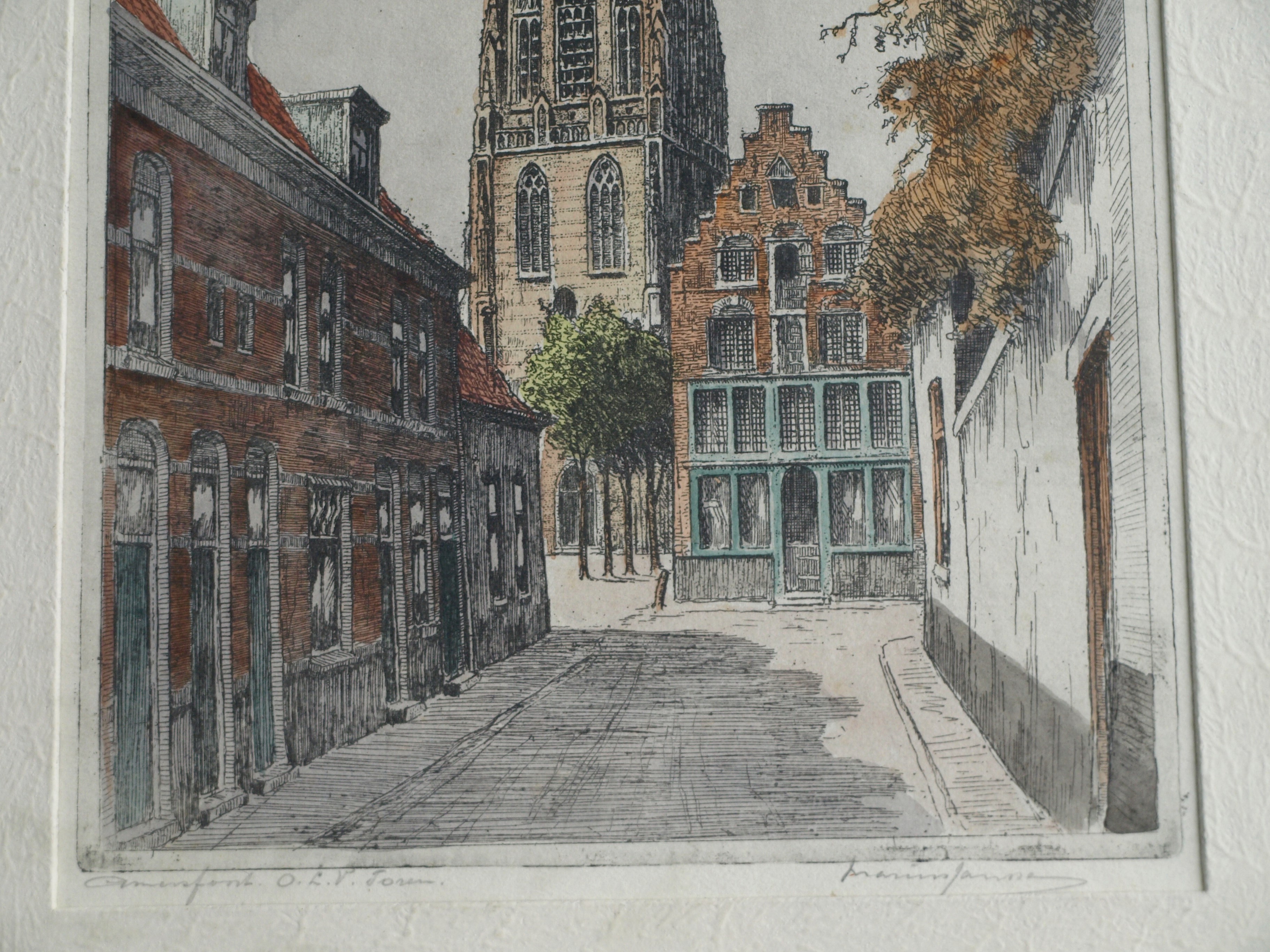 Marius Johannes Janssen - Ets , Onze Lieve Vrouwetoren Amersfoort – Gesigneerd en ingelijst – ca 1935 kopen? Bied vanaf 30!