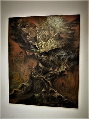 Niet of onleesbaar gesigneerd - Antwerpse Biennale - mythologisch olieverf "Yggdrasyl - de Levensboom" kopen? Bied vanaf 1!