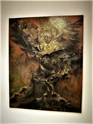 Niet of onleesbaar gesigneerd - Antwerpse Biennale - mythologisch olieverf "Yggdrasyl - de Levensboom" verkocht voor € 1!