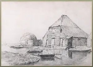 Frans Mars - Houtskooltekening, Hut aan het water - Ingelijst kopen? Bied vanaf 20!