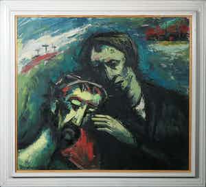 Berry Brugman - Olieverf op doek, Jezus en Maria bij het kruis - Ingelijst verkocht voor € 100!