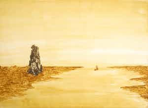 Hans van der Pennen - Gemengde techniek op papier, Beeld aan rivier zelfportret bootje verkocht voor € 50!