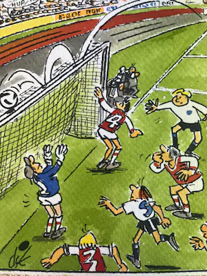 Dik Bruynesteyn - originele tekening 'Spanning en sensatie, de bal op de lat' kopen? Bied vanaf 85!