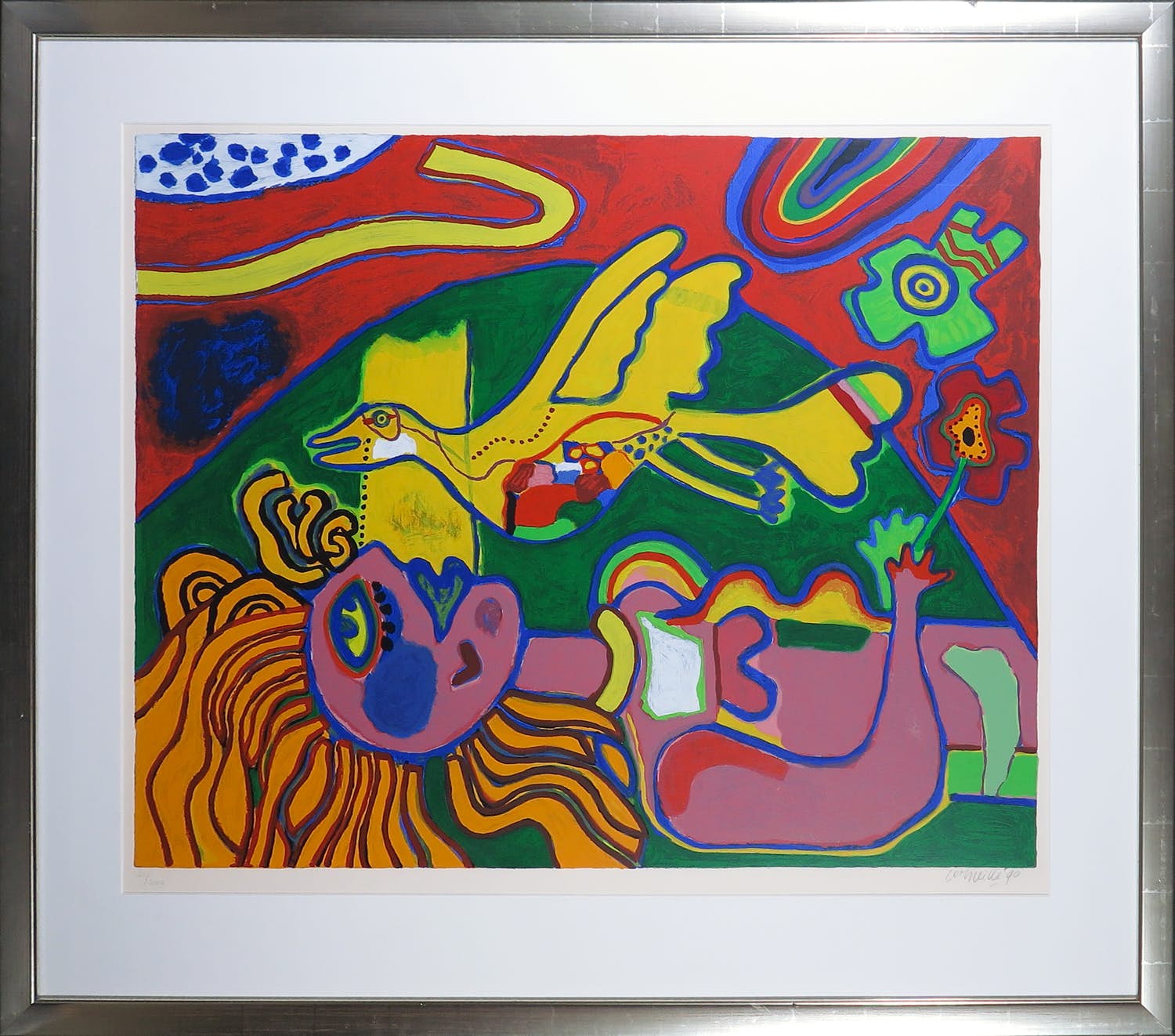 Corneille - Zeefdruk, Vrouw met vogel in bloemen - Ingelijst (Zeer groot) verkocht voor € 500!