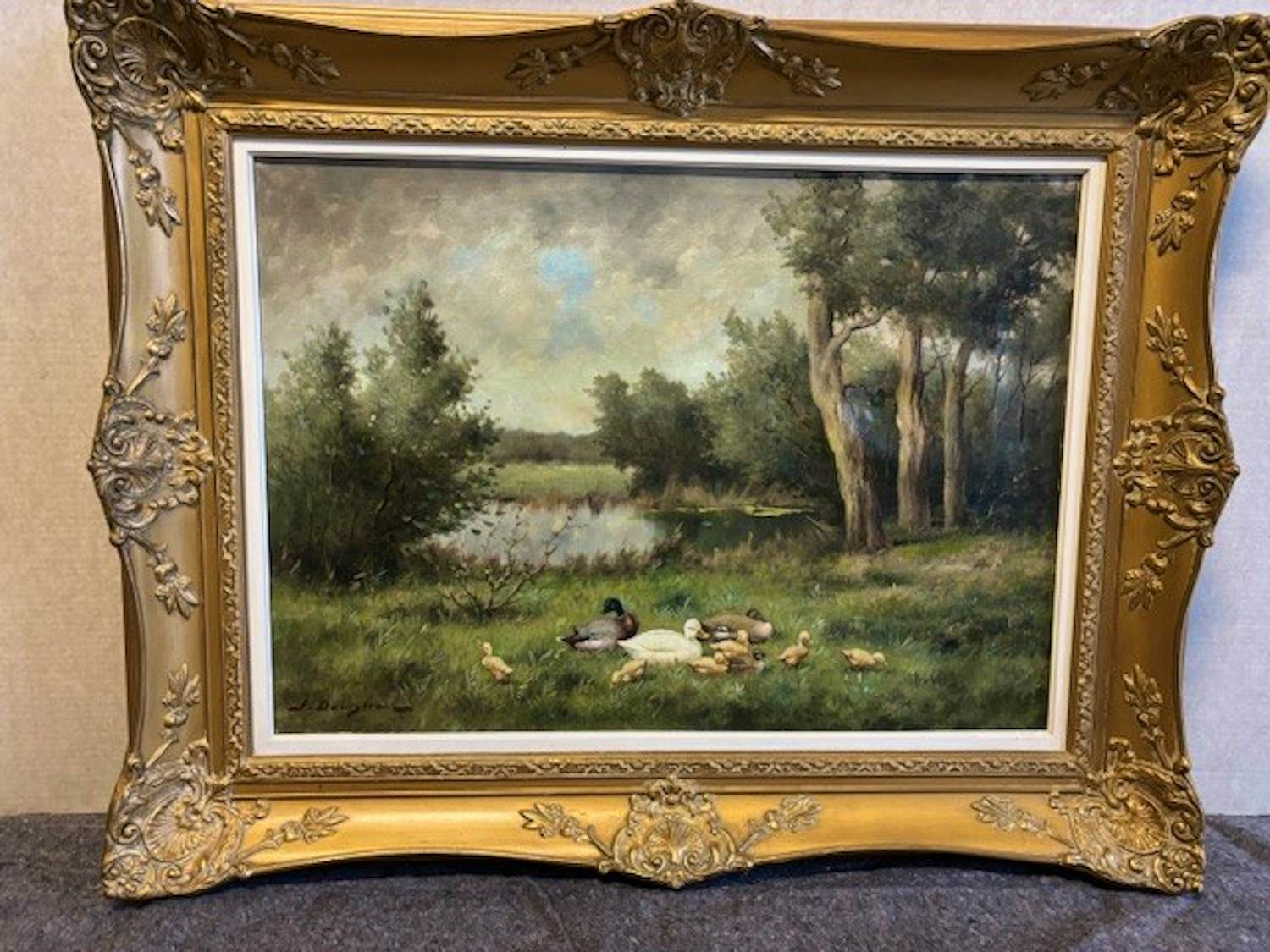 J. Damstra - Eenden met kroost in het bos bij een vijver verkocht voor € 100!