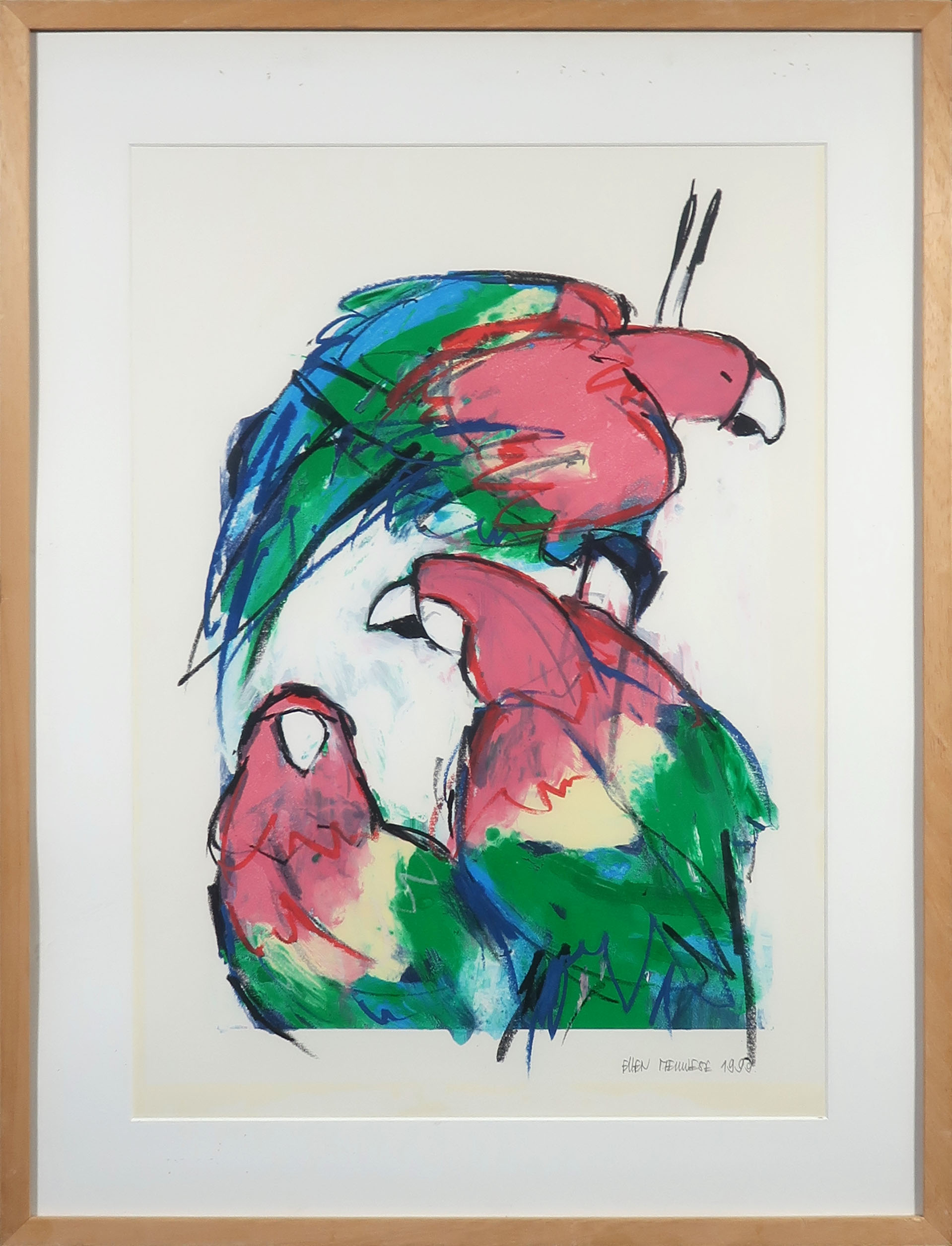 Ellen Meuwese - Gemengde techniek op papier, Papegaaien - Ingelijst kopen? Bied vanaf 1!