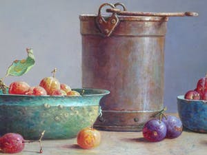 Hans Habraken - Oud keteltje en 2 schalen met pruimen. kopen? Bied vanaf 750!