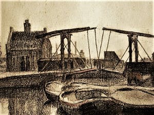 Niet of onleesbaar gesigneerd - Houtskool - 1920 - Amsterdam "het Realen-eiland en Drieharingenbrug kopen? Bied vanaf 1!