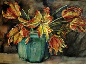 Willem Karel Rees - Rond 1930 - Aquarel - uitgebloeide Tulpen - Lijst & passe partout orig Art-Deco kopen? Bied vanaf 40!