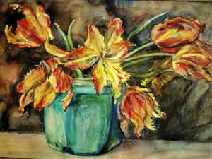 Willem Karel Rees - Rond 1930 - Aquarel - uitgebloeide Tulpen - Lijst & passe partout orig Art-Deco verkocht voor € 40!