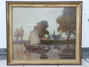 Prosper Bosteels - Kerkje te Vlassenbroek Dendermonde bij de Schelde met platbodem / vlet kopen? Bied vanaf 555!