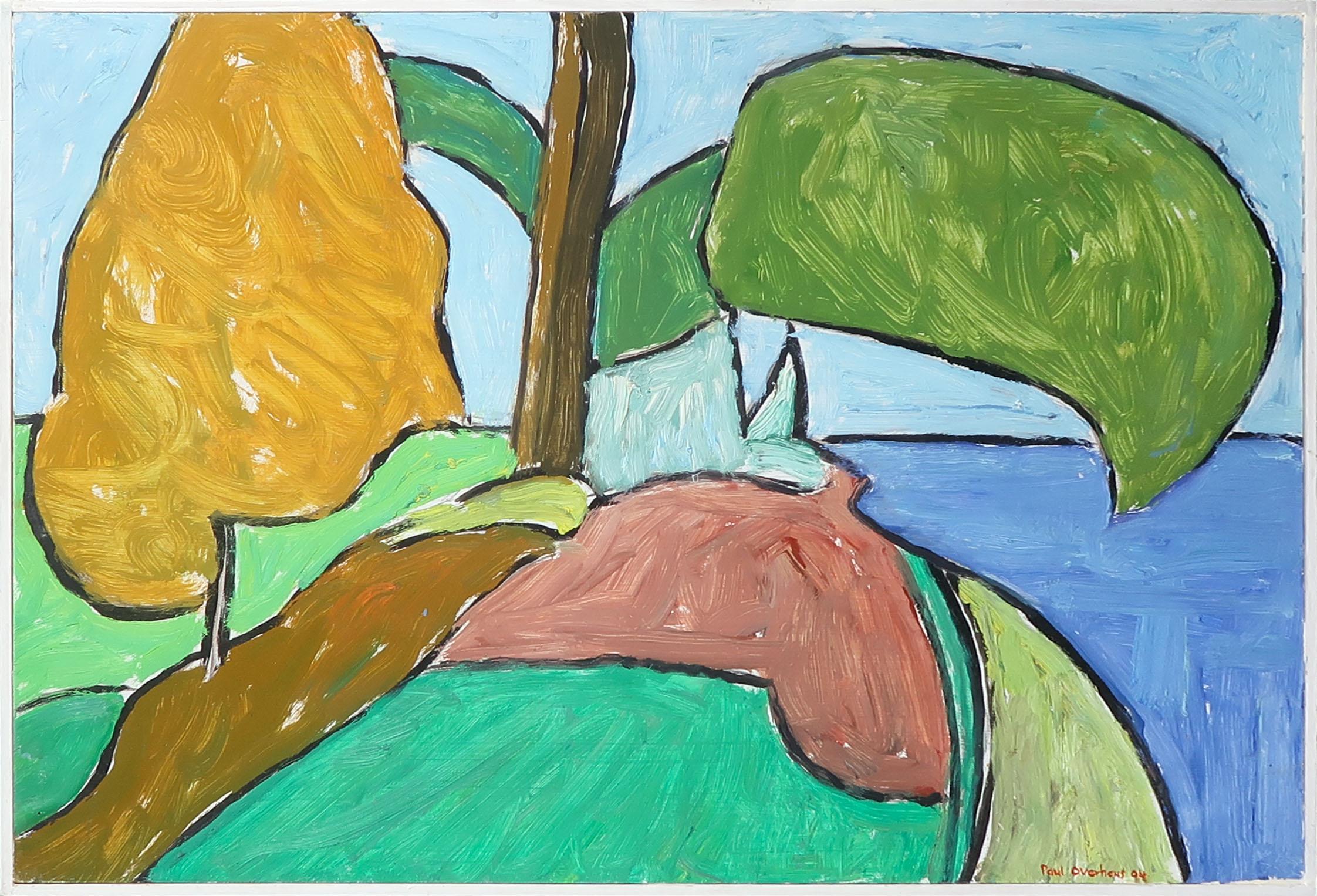 Paul Overhaus - Olieverf op board, Abstract landschap - Ingelijst verkocht voor € 50!