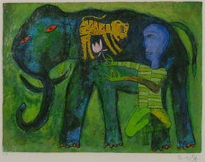 Shahid Parvez - Zeefdruk, Groene olifant - Ingelijst kopen? Bied vanaf 1!