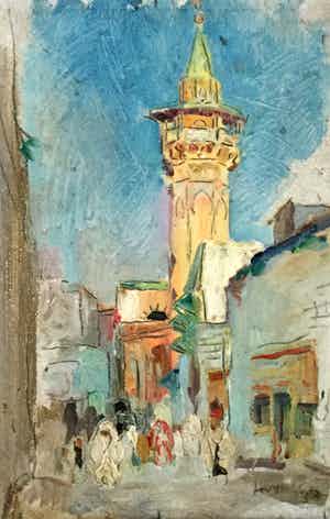 Gerard Huijsser - C4992-19, Mediterraans stadsgezicht met figuren verkocht voor € 95!