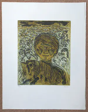 Ria Exel - Persoon met lam, aquatint ets kopen? Bied vanaf 45!