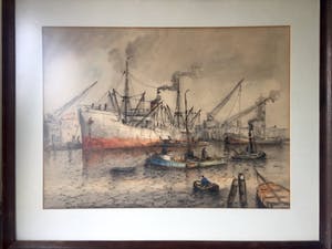 Willem Bos - Drukte in de Rotterdamse Haven - Gemengde techniek, Ingelijst kopen? Bied vanaf 240!