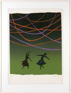 Wally Elenbaas - Zeefdruk, Dansen in de nacht - Ingelijst verkocht voor € 70!