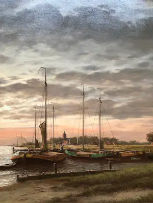 Herman Wijngaard - Riviergezicht bij Zonsondergang - Olieverf kopen? Bied vanaf 425!