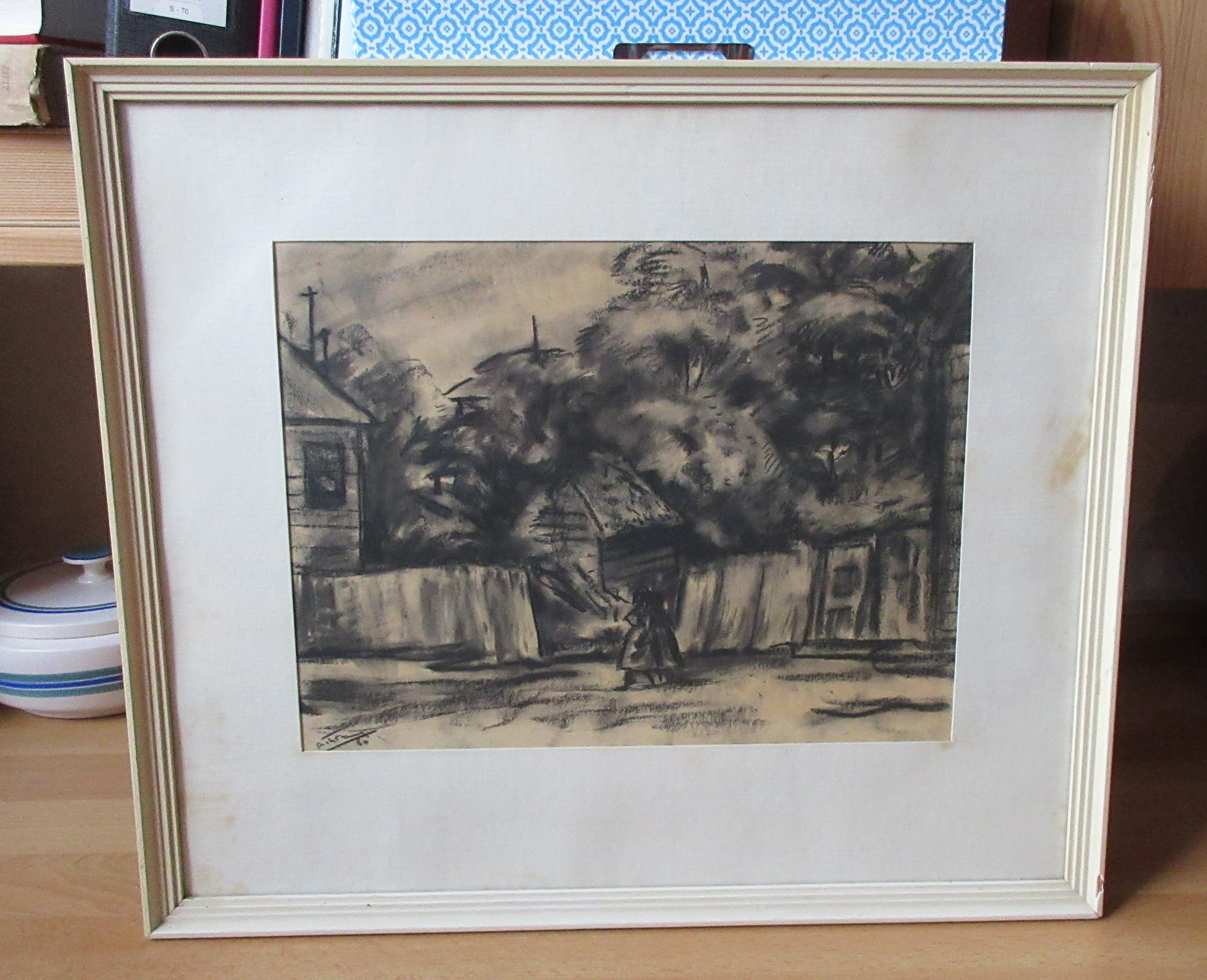 Niet of onleesbaar gesigneerd - Houtskool tekening Surinaams landschap of straatje - gesigneerd kopen? Bied vanaf 1!