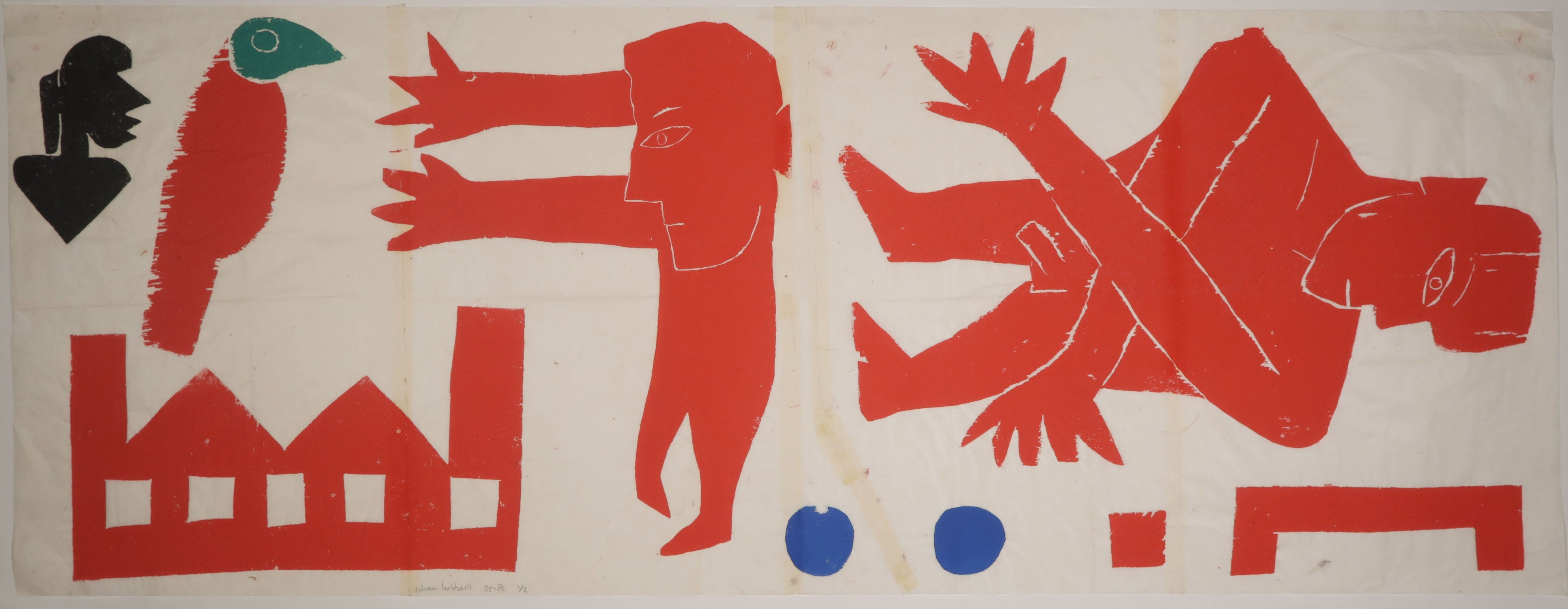 Johan Lubbers - Houtsnede, Vogel gebouw en twee mannen (Zeer groot) verkocht voor € 35!