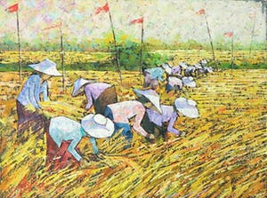 Niet of onleesbaar gesigneerd - Acryl op doek, Rijstvelden - Ingelijst kopen? Bied vanaf 1!