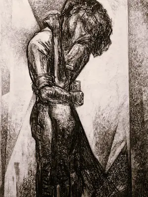 Hendrikus J. Eshuys - Grote kubistische houtskooltekening "de kus" gesigneerd kopen? Bied vanaf 40!