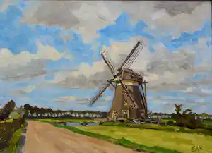 Edzard Koning - Hollands landschap met molen. verkocht voor € 150!