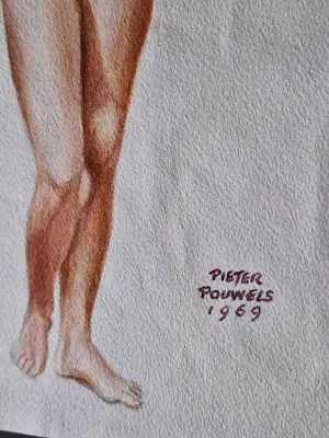 Pieter Pouwels - Mooie ingetogen Aquarel "staand vrouwelijk naakt" 1969 - gesigneerd kopen? Bied vanaf 32!