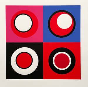 Genevieve Claisse - Composition géométrique rouge/blue/noir verkocht voor € 175!
