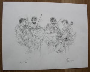 Piet Klaasse - 2 tekeningen op 1 vel: Strijk kwartet + huis op achterijde - 1990 kopen? Bied vanaf 75!