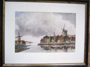 Hermanus Koekkoek (jr.) - "Stad aan rivier"- fraai ingelijste grote aquarel verkocht voor € 250!