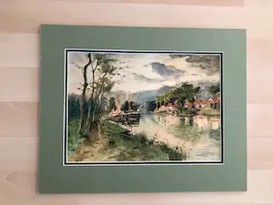 Clement Bezemer - zicht op dorpje aan rivier met afgemeerde boten (in dubbel passe partout) kopen? Bied vanaf 30!