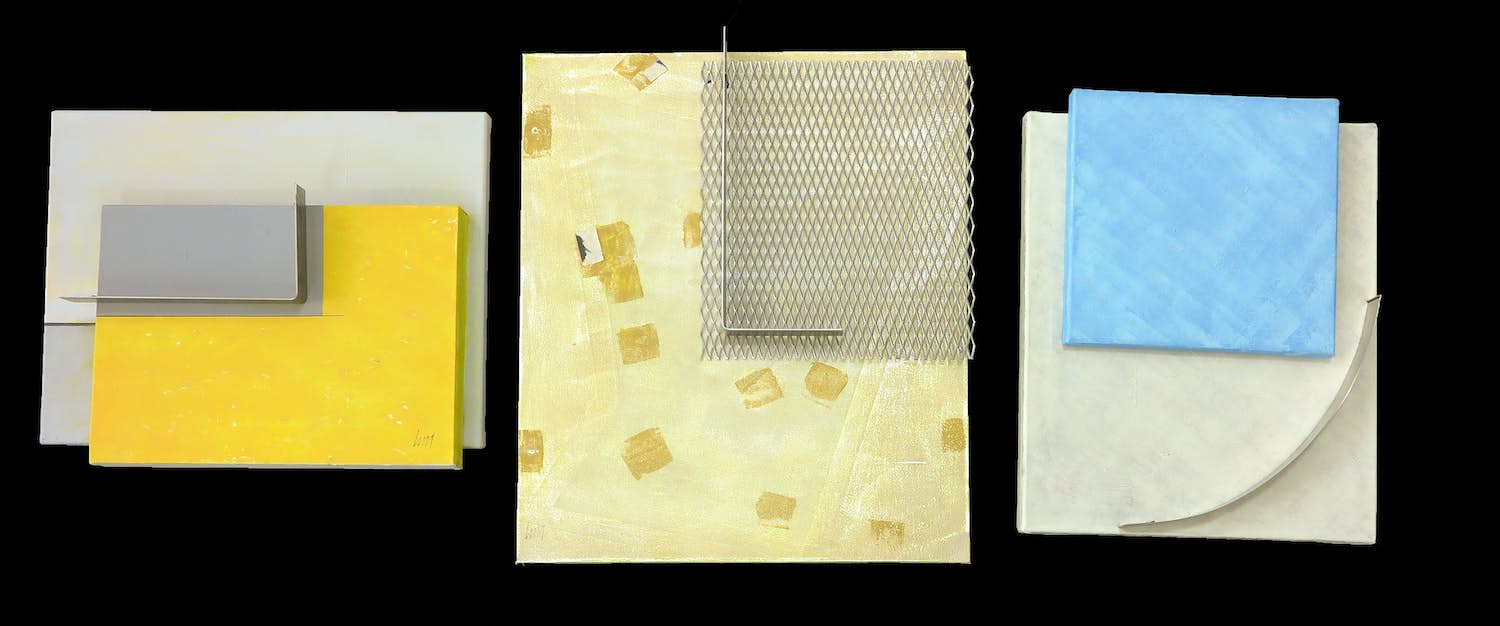 Menno Meijer - Lot van drie 3d-geometrisch-abstracte werken in gemengde techniek (verf, metaal) verkocht voor € 50!
