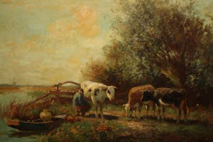 Piet Bouter - MELKENDE BOER met KOEIEN in HAAGS LANDSCHAP kopen? Bied vanaf 250!