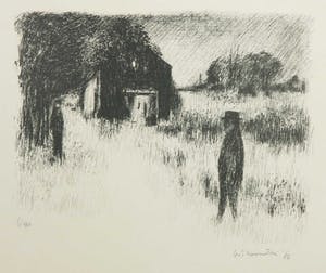 Metten Koornstra - Litho, Twee figuren in een duister landschap kopen? Bied vanaf 50!
