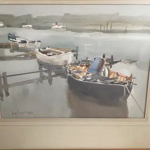Arnold De Soet - Engelse kunstenaar,” Havengezicht met aangemeerde bootjes” kopen? Bied vanaf 20!
