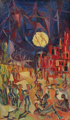 Jaap Bouhuys - (toegeschreven aan) - Olieverf op hardboard, Vele figuren bij maanlicht kopen? Bied vanaf 250!