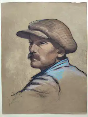 Buy Gerard Krol - Karakterportret van een man met pet - zwart krijt en pastel, gesigneerd? Bid from 30!