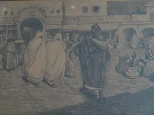 Hendrik Johannes Haverman - Litho in de originele lijst, Oosterse markt in Tanger - 1895 kopen? Bied vanaf 1!