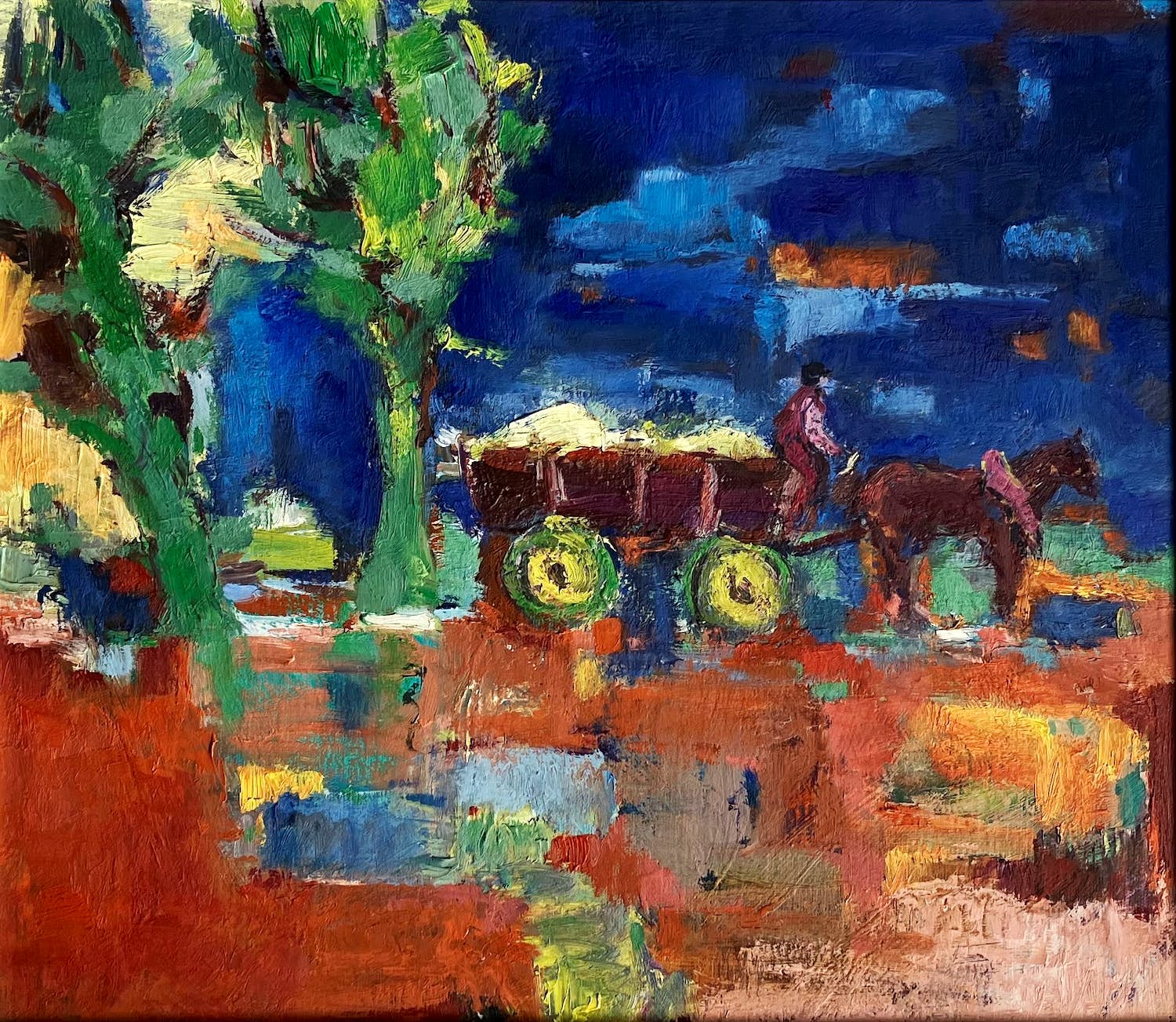 Niet of onleesbaar gesigneerd - Olieverf op canvas - Boer met hooiwagen en paard in landschap kopen? Bied vanaf 1!