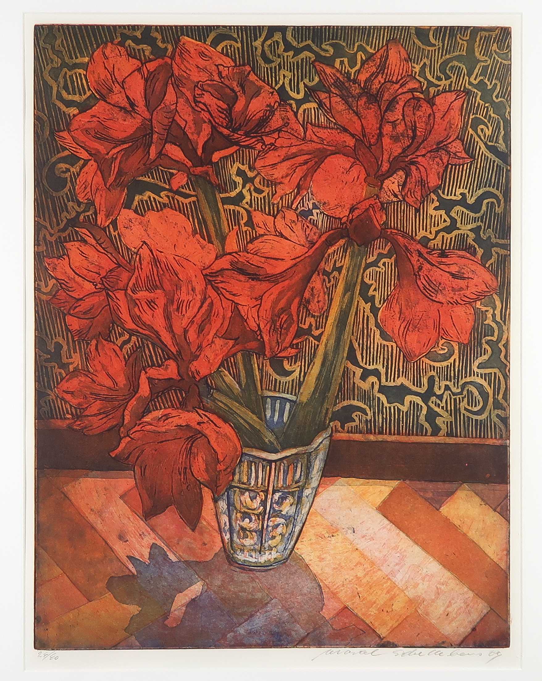 Marcel Schellekens - Kleurenets, Rode amaryllissen in glazen vaas - Ingelijst kopen? Bied vanaf 80!