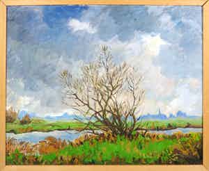 Jan Dekker - Olieverf op hardboard, Regen op Komst, Ingelijst verkocht voor € 1!