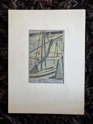 Geert Geerligs - linosnede: het inhalen van de netten kopen? Bied vanaf 25!