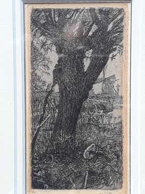 Chris Jansen - Landschap met boom en molen. verkocht voor € 29!