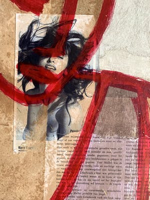 Casper Faassen - Collage met zeefdruk/acryl | 'Dame in rood' | 2003 kopen? Bied vanaf 220!